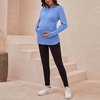 DEBELLY Maternity Sweatshirt Zip Up Hoodie Pockets Pregnancy Postpartum - color: Light Blue, size: Medium