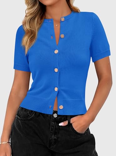 PRETTYGARDEN Womens Summer Cardigan Short Sleeve Sweater - color: Blue, size: Medium