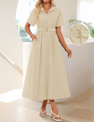 ZESICA Women's Summer Button Down Short Sleeve Midi Dress - color: Natural, size: Small