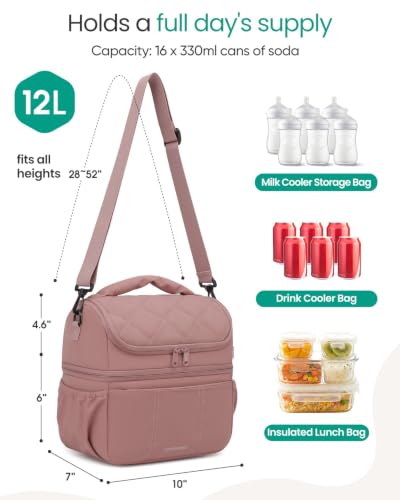 Breastmilk Cooler Bag, 12L Double Deck with Detachable Divider - color: Pink-Line