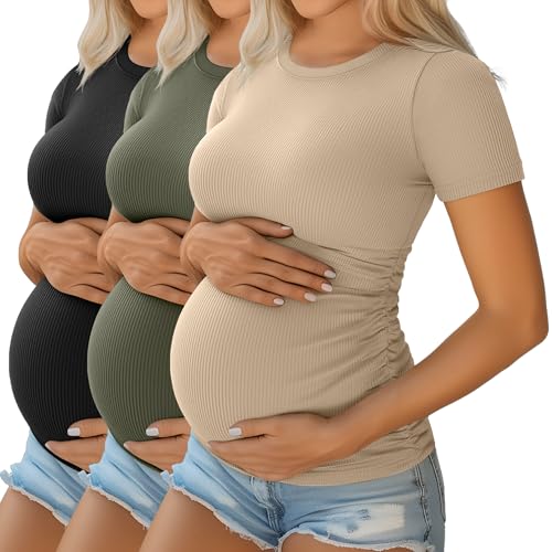 Ficerd 3 Pack Women's Short Sleeve Maternity Shirts - color: Black, Light Army Green, Khaki, size: Medium