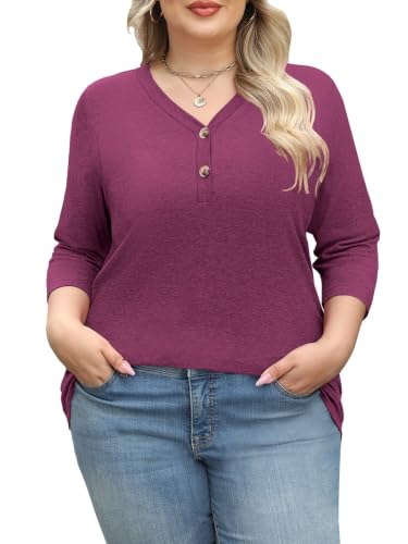 Womens Summer Plus Size 3/4 Length Sleeve Tops Button Down Shirts L-4XL - color: Red, size: Large