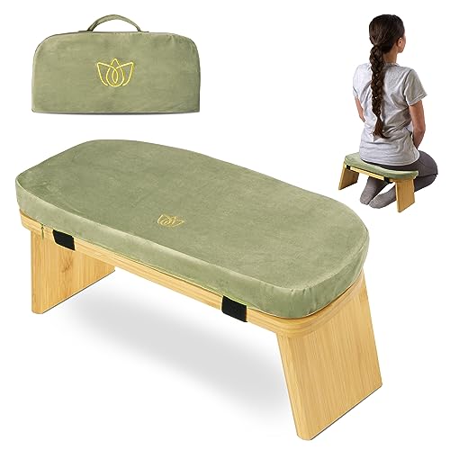 Florensi Bamboo Meditation Bench Foldable Ergonomic Prayer Stool Cushion - color: Sage Green