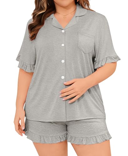 SWOMOG Women Plus Size Pajamas Sets Button Down Sleepwear Short Sleeve Ruffles 2Pcs Lounge Sets Soft Summer Pjs 18W-26W - color: Grey, size: 26 Plus