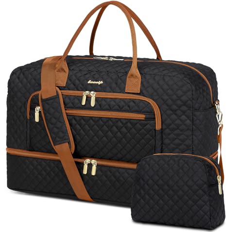 Travel Duffle Bag Weekender for Women - 38L Carry-On Overnight Personal Item Bag with Shoe Compartment & Wet Pocket Weekend Tote Bags with Toiletry Hospital Bags for Labor and Delivery - color: Black Brown - 38L
