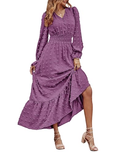 CzzzyL Women Nursing Boho Maxi Dress Swiss Dot Smocked with Pockets - color: Purple, size: Medium