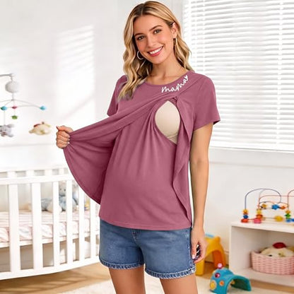 Nursing Breastfeeding Shirt for Women Friendly Double Layer Postpartum Tops - color: Red, size: Small