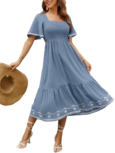 Glamaker Women's Short Sleeve Smocked Square Neck A Line Summer Flowy Maxi Long Dress - color: 01-grey Blue, size: X-Large