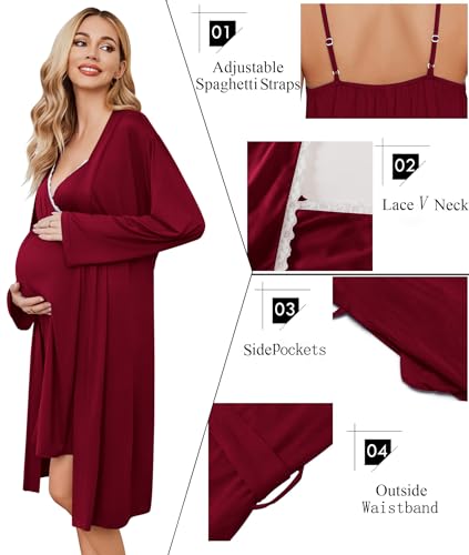 Ekouaer Nursing Nightgown and Maternity Robe Set Labor and Delivery Gown - color: Burgundy Wine Red, size: Medium
