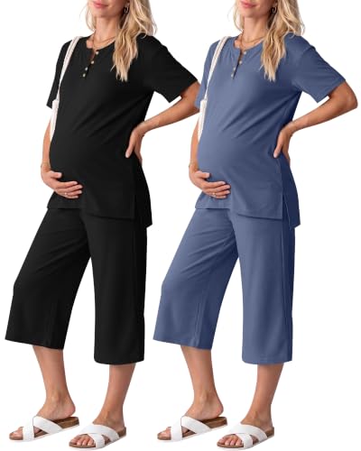 2 Pack Maternity Lounge Outfits - color: Black, Haze Blue