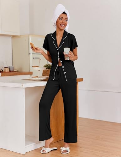 Ekouaer Pajamas for Women Set Ruffle Sleeve Button Up with Long Pants - color: Black, size: Small