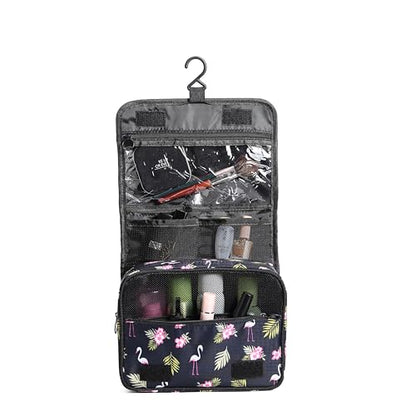 Sechunk Waterproof Travel Toiletry Bags Hanging Multi-function Cosmetic Bag Makeup Bag for Women - color: black_Flamingo