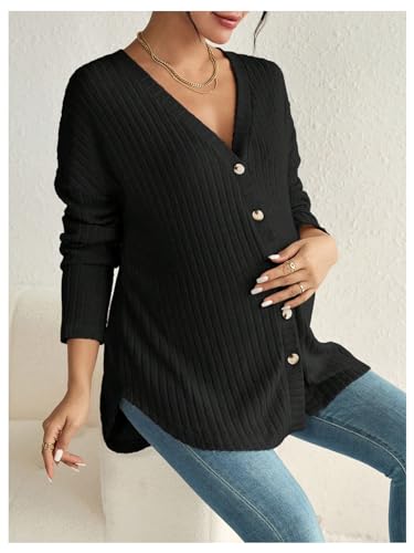 MakeMeChic Women's Maternity Shirts Knit Button Down Nursing Top - color: Black, size: Medium