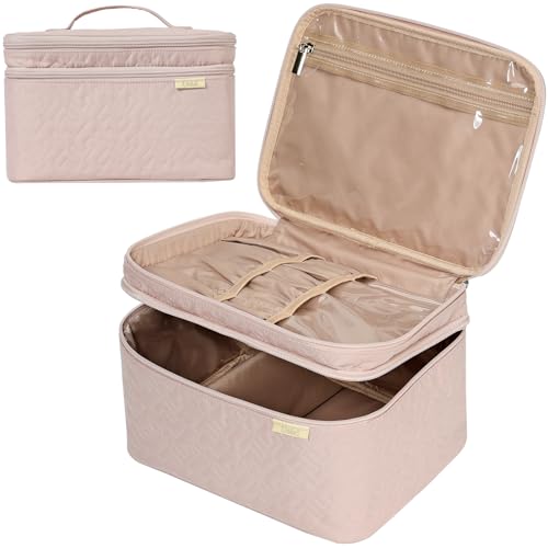 NISHEL Large Makeup Bag Organizer, Double Layer Cosmetic Travel Case - color: Pink, size: Large