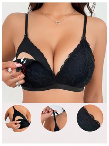 MakeMeChic Women's Nursing Bras for Breastfeeding Lace Maternity Lingerie - color: Black Solid, size: X-Large