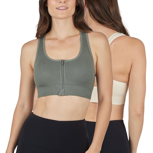 90 Degree By Reflex Women's 2 Pack Zip Front Bra Seamless Textured Racerback Performance Supportive Sports Bra - color: Mulled Basil/Whitecap Gray, size: Large
