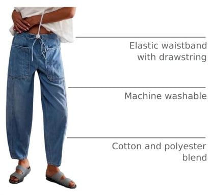 Drawstring Barrel Jeans for Women Elastic Waist Baggy Wide Leg Denim Pants - color: Light Blue, size: Medium