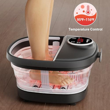 GEHONA Collapsible Foot Spa Bath with Heat, Foot Massager with Two Side Supports, Leakage Protector, Temperature Control, Bubbles, Red Light, Timer, Feet Soaker, Gifts (Deep Black) - color: Deep Black