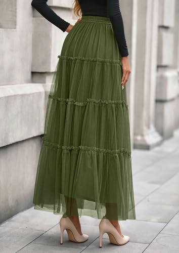 PRETTYGARDEN Women's Fall Soft Tulle Tiered Long Skirt - color: Army Green, size: Medium