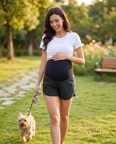 Foucome Womens 2 in 1 Maternity Athletic Shorts with Zipper Pocket - color: Black, size: Small