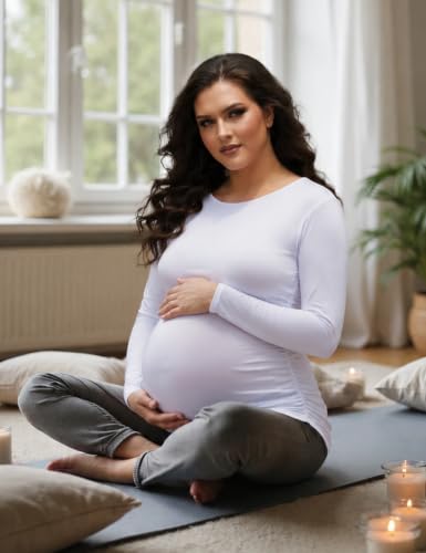 Maternity Shirt Long Sleeve Basic Top Ruch Sides Bodycon Tshirt for Pregnant Women - color: Black/White, size: Medium