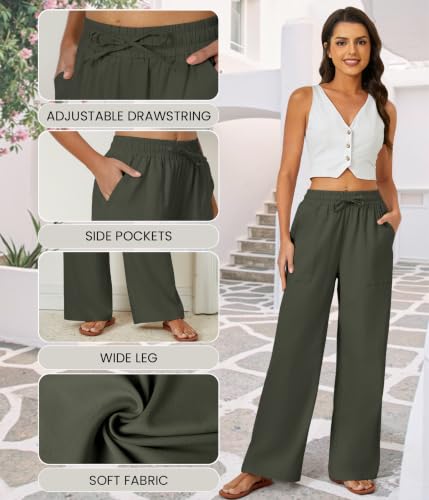 FireSwan Linen Pants Women Drawstring Elastic Waist Wide Leg Palazzo Pants - color: Green, size: X-Large