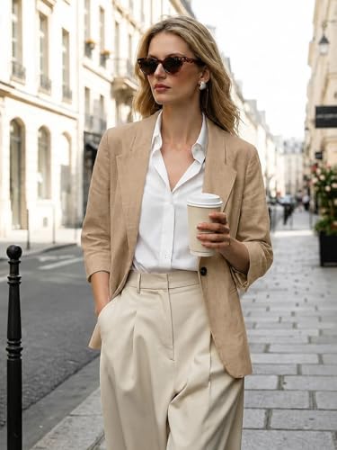 IDEALSANXUN Linen Blazer Women 3/4 Sleeve Lightweight Spring Summer Blazer Jackets - color: Dark Khaki, size: Medium