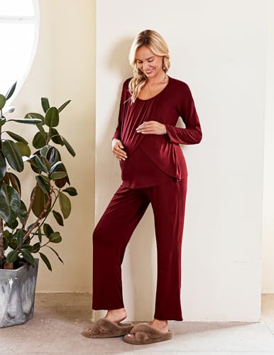 Ekouaer Maternity Nursing Pajama Set Long Sleeve Breastfeeding Sleepwear - color: A Wine Red, size: Medium