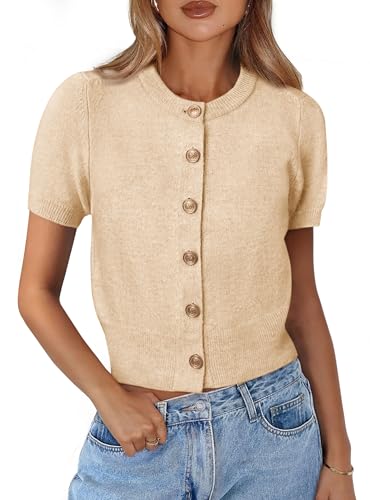 PRETTYGARDEN Womens Summer Cardigan Short Sleeve Sweater - color: Beige, size: Large