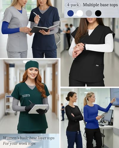 4 Pack Womens Crew Neck Long Sleeve Underscrub Shirts - color: Black, Light Gray, White, Royal Blue, size: Large