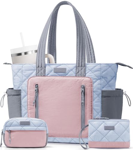 Bagstellar Puffer Tote Bag for Women, Lightweight Puffy Work Laptop Handbag - color: Blue-pink-grey