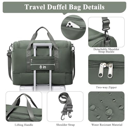 Travel Duffel Bag,Carry-On Overnight Weekender Bags with Shoes Compartment - color: Dark Green, size: Small