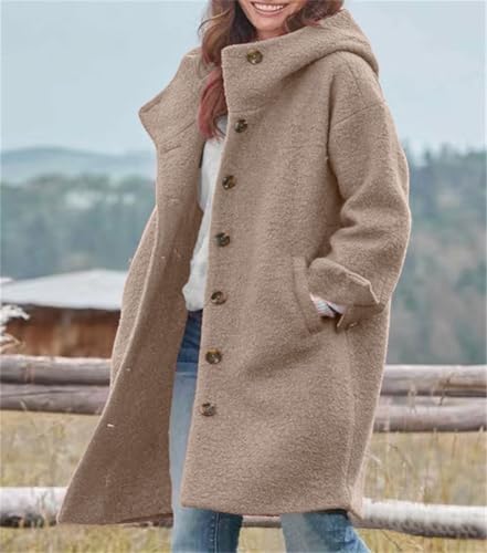chouyatou Women's Winter Single Breasted Long Wool Coat with Hood Casual Wool Blend Trench Coat Jacket - color: Khaki, size: Large