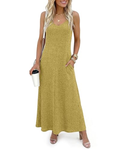 LILBETTER Women's Summer Maxi Dress Casual Flowy Spaghetti Strap Beach Long Dresses with Pockets - color: Ginger, size: X-Large