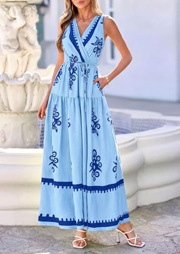 PRETTYGARDEN Womens Sleeveless Maxi Dress V Neck Floral Boho Beach Outfits - color: Blue, size: Medium