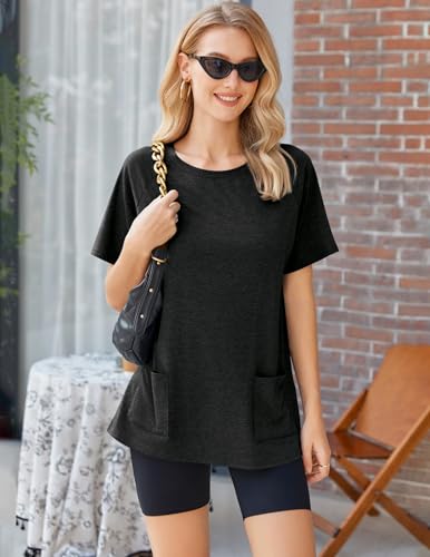 Ekouaer Women 2 Piece Lounge Set Crewneck Tshirt Biker Short Summer Outfit - color: Black, size: Large