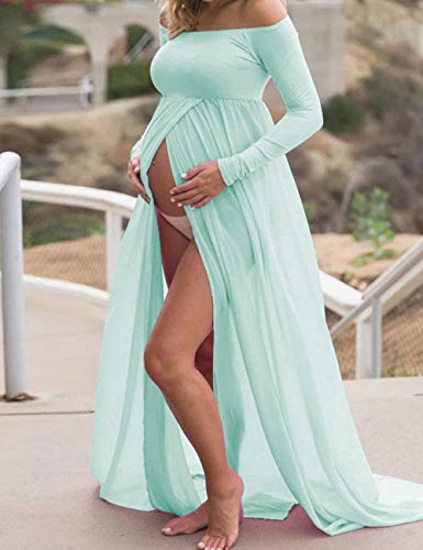 Maternity Off Shoulder Chiffon Gown Long Sleeve Front Split Maxi Photography Dress for Photoshoot - color: Light Green, size: Small