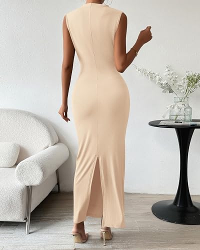 BTFBM Women Ruched Bodycon Maxi Dresses Summer Casual - color: Beige, size: Medium