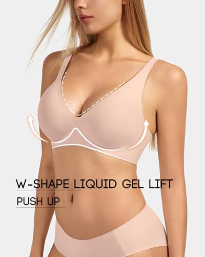 VQJ Women's Wireless Push Up Plunge T-Shirt Jelly Bras - color: Blush Pink, size: X-Large