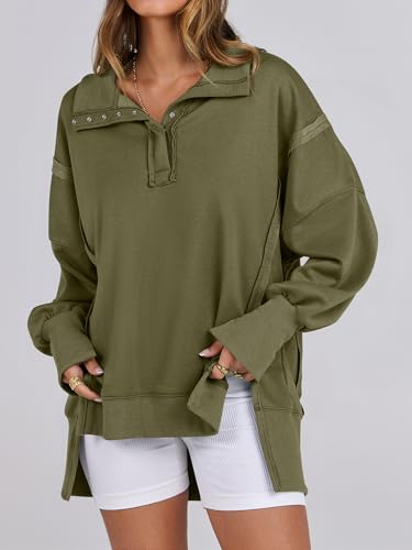 ANRABESS Sweatshirt for Women Oversized Casual Fall Henley Pullover Top - color: Army Green, size: Medium