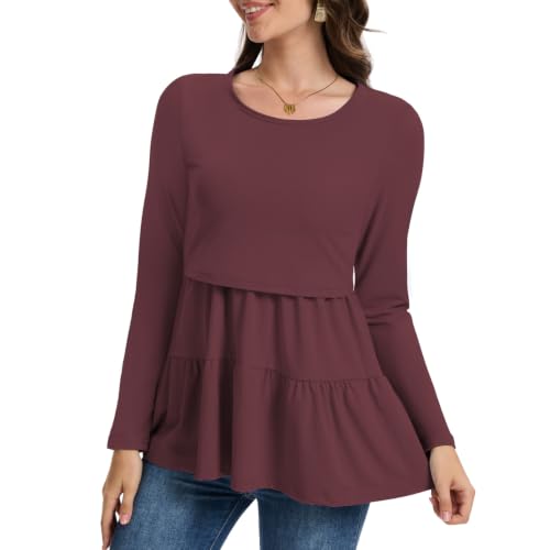Bearsland Long Sleeve Nursing Top - color: Black & Platinum Grey & Red Mahogany, size: Small