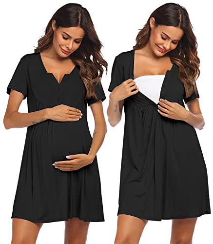 Ekouaer Labor and Delivery Gown Maternity Nursing Nightgown Breastfeeding - color: Black, size: Medium