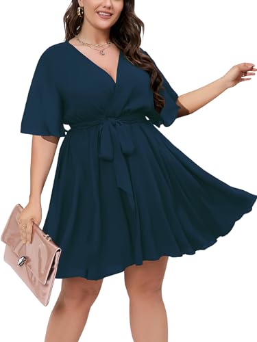 SCOMCHIC Women's Plus Size Wrap Summer Mini Dress - color: Lake Blue, size: X-Large Plus