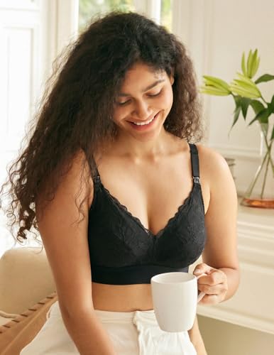 Momcozy Lace Nursing Bra for Breastfeeding, Wirefree Maternity Bra with Fixed Padding, Soft Deep V Bra - color: Black, size: XX-Large