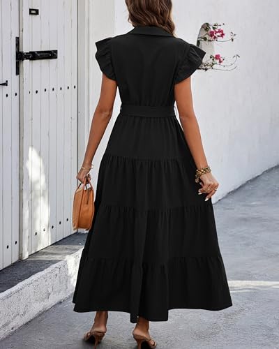 dowerme Women Ruffle Sleeve Button Belted Boho Maxi Dress - color: Black, size: Large