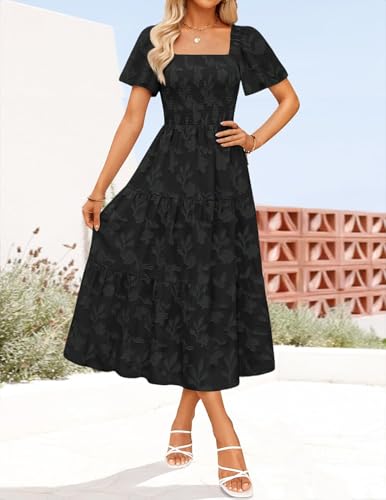 ZESICA Womens 2026 Summer Boho Wedding Guest Midi Dresses - color: Black, size: Medium