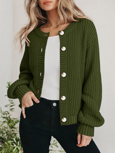 PRETTYGARDEN Women's Chunky Knit Button Up Cardigan Sweaters Outerwear - color: Army Green, size: Medium