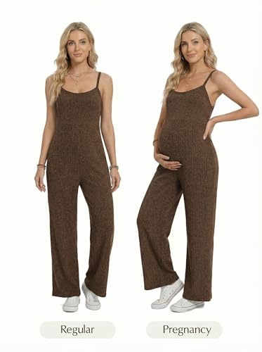 BLENCOT Maternity Ribbed Jumpsuit Stretchy One Piece Wide Leg Romper - color: Brown, size: Small