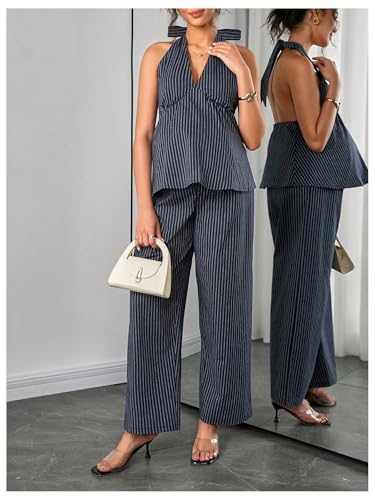 OYOANGLE Women's Maternity 2 Piece Outfits Striped Halter Tops Pants Sets - size: Small