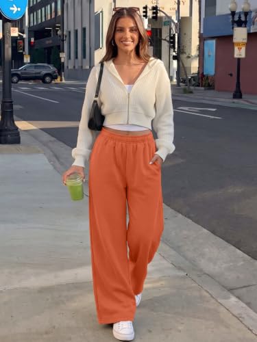 Trendy Queen Womens Wide Leg Fleece Lined Fall Sweatpants - color: Orange, size: Small